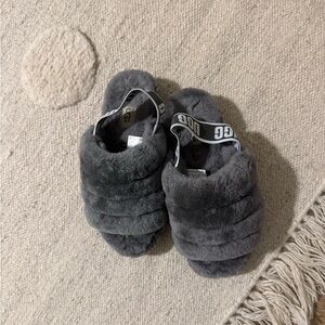 UGG Gray Plush Fluffy Slide Sandals with Branded Strap